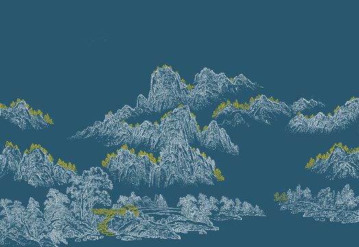 手绘中式线描山水金色山水壁画