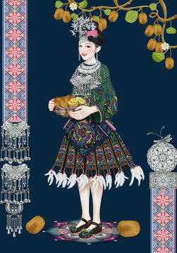 苗族姑娘猕猴桃插画