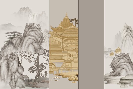 新中式山水楼阁背景