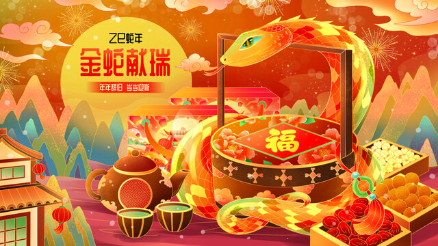 中国风喜庆新年蛇年年货节插画