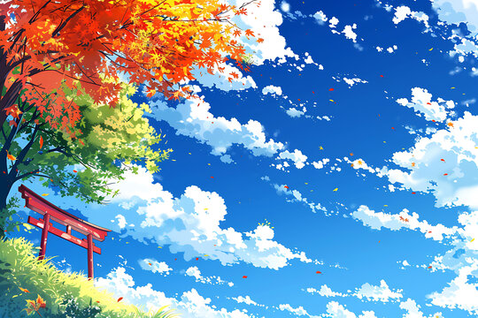 秋天的红叶蓝天白云风景