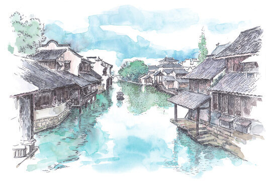 浙江嘉兴乌镇水彩