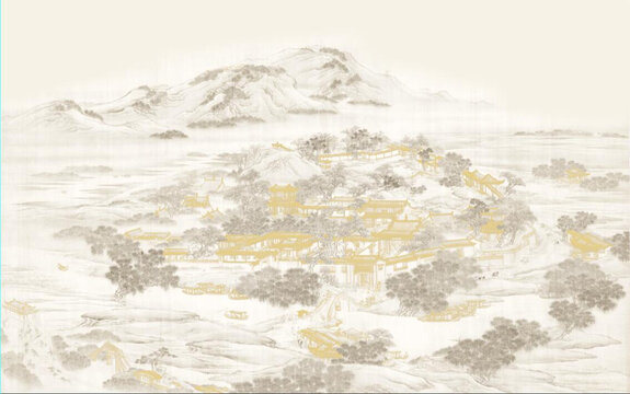 中式山水线描山水阁楼背景墙