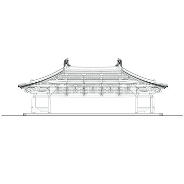 佛光寺大殿纵剖面线稿图