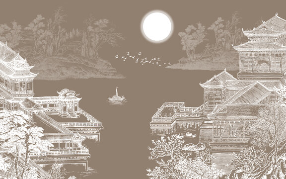 新中式山水阁楼背景墙