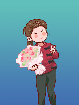 卡通可爱女孩抱花