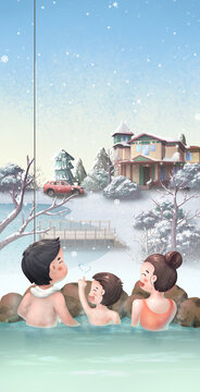 雪景泡温泉插画节气海报