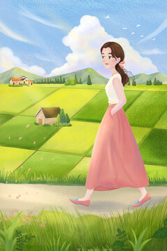 春日一个女生走在乡间小路上春游