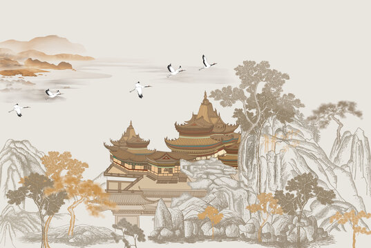 新中式古建筑山水画