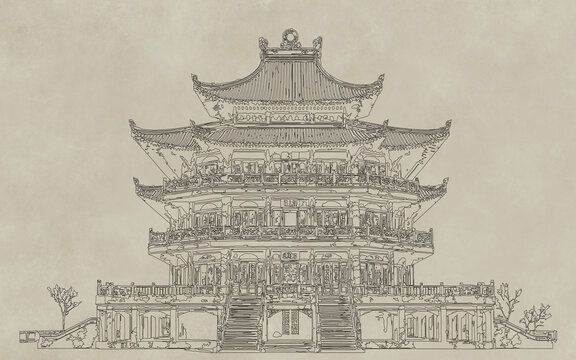 新中式楼阁线描稿