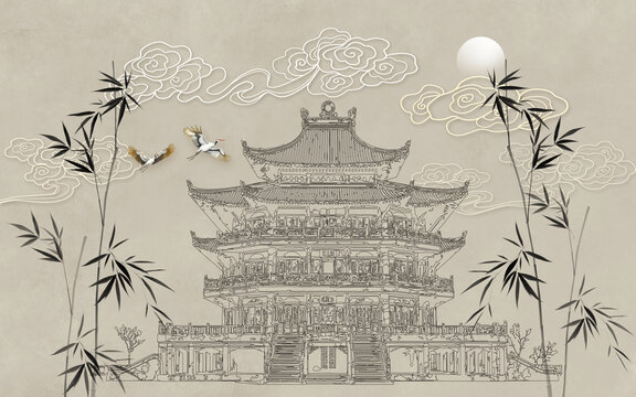 新中式水墨竹子楼阁背景