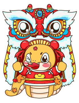 2025蛇年国潮舞狮插画