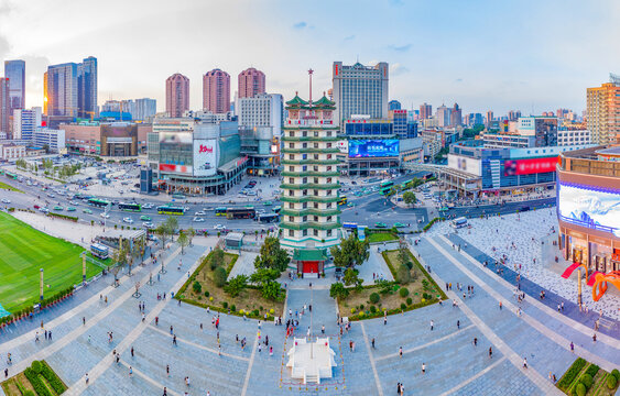 航拍郑州二七塔城市地标二七广场