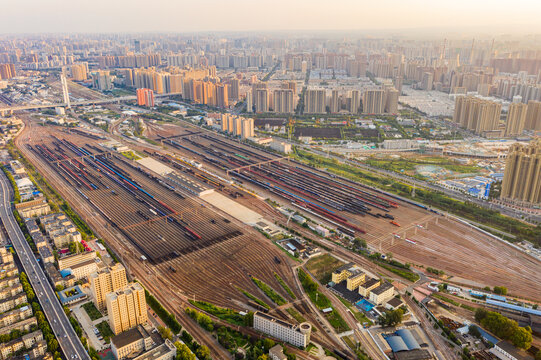 航拍郑州北站铁路编组站货运列车