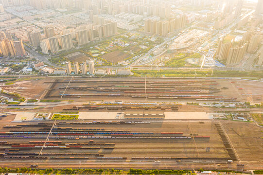 航拍郑州北站铁路编组站货运列车