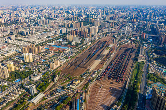 航拍郑州北站铁路编组站货运列车