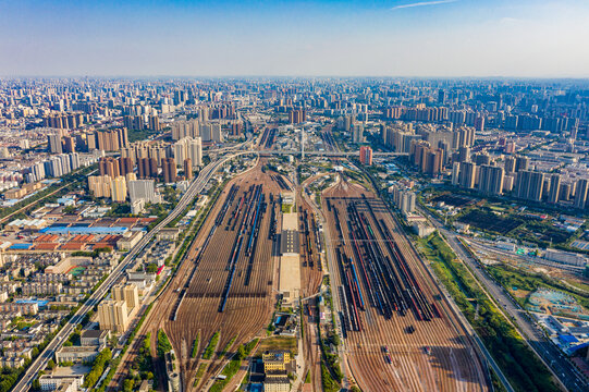 航拍郑州北站铁路编组站货运列车