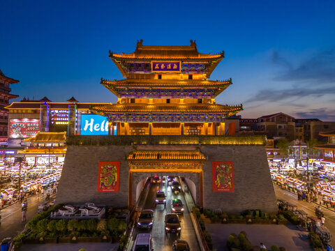 航拍河南开封鼓楼夜市鼓楼广场