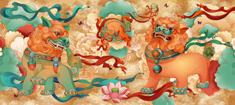 春节新年舞狮民俗祝福场景插画