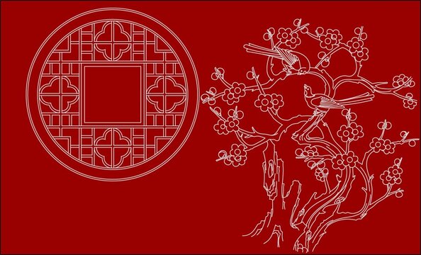 花窗外寒梅报喜图