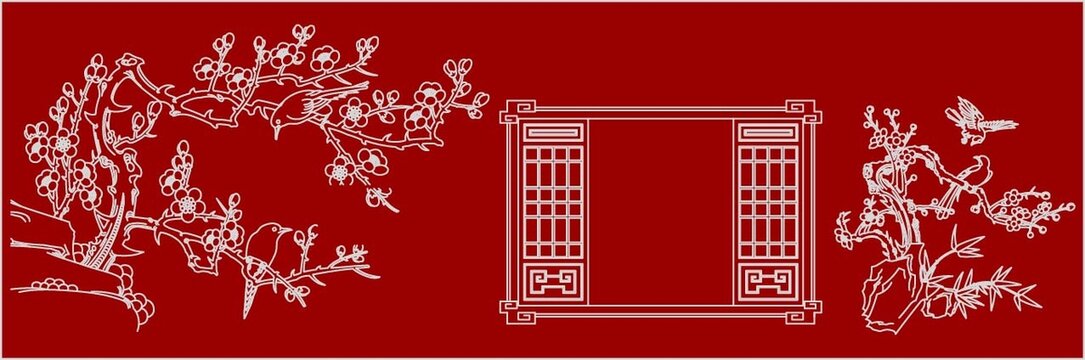 喜鹊木窗腊梅图