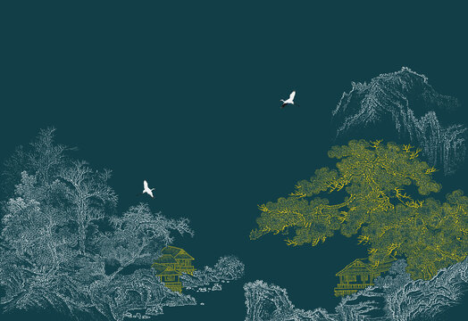 中式描金松鹤图线描松鹤延年画
