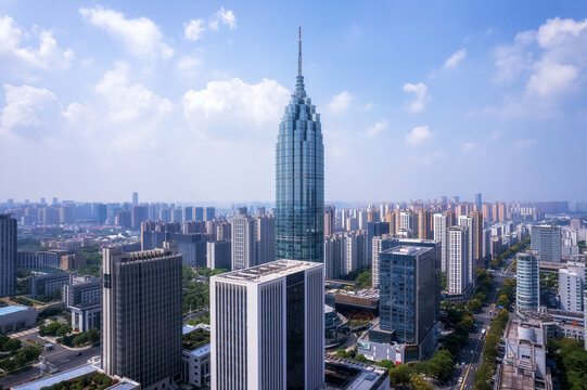 航拍常州市中心摩天大楼