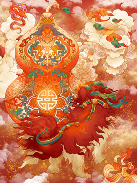 蛇年葫芦舞狮喜庆祝福主题插画