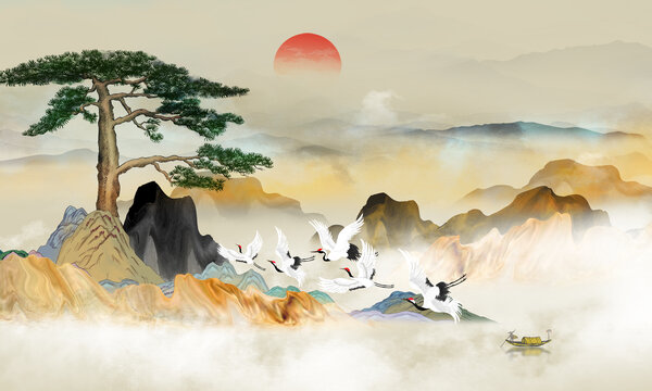 抽象迎客松山水