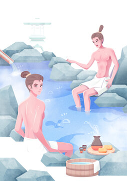 古代男子泡温泉免抠元素