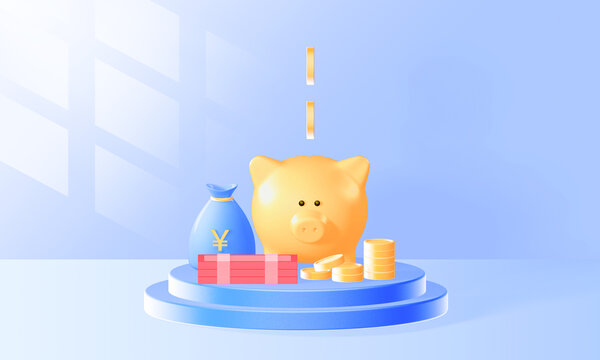 3D金融理财钱袋存钱罐插画