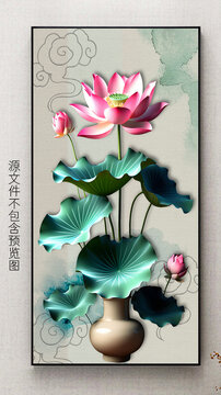 新中式禅意立体荷花玄关装饰画