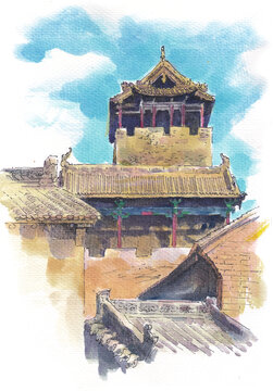 山西晋城皇城相府建筑水彩画