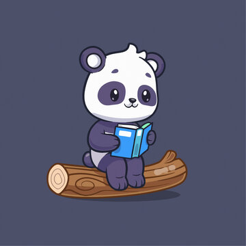 可爱熊猫读书树墩矢量卡通
