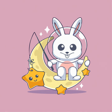可爱小兔子月亮上钓鱼矢量插画