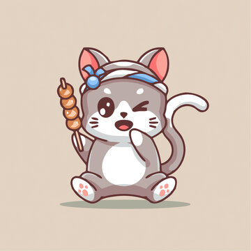可爱小猫撸串矢量Q版卡通插画