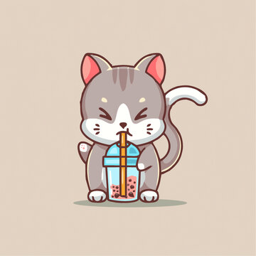 可爱小猫奶茶矢量Q版卡通插画