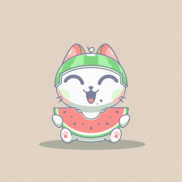 可爱小猫吃瓜矢量Q版卡通插画