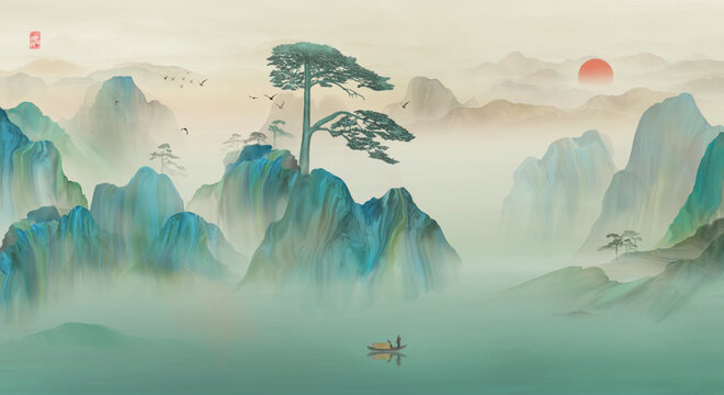 迎客松青绿山水画