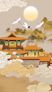 新中式楼阁山水壁画