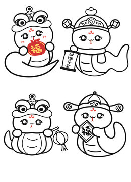 春节卡通蛇年线稿Q版蛇简笔画