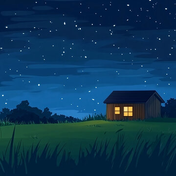 森林里的木屋夜景