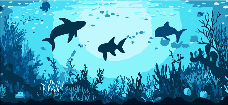 鲨鱼海洋珊瑚海带矢量图