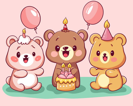 生日快乐三只熊卡通插画