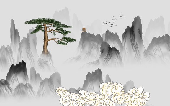 水墨迎客松