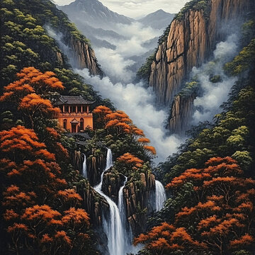 山水风景油画瀑布