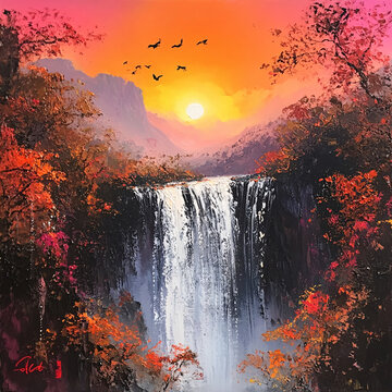 山水风景油画瀑布