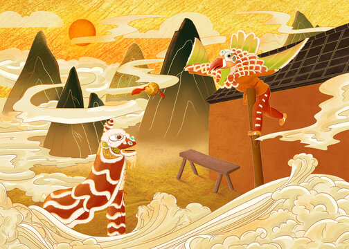 舞狮子插画装饰画