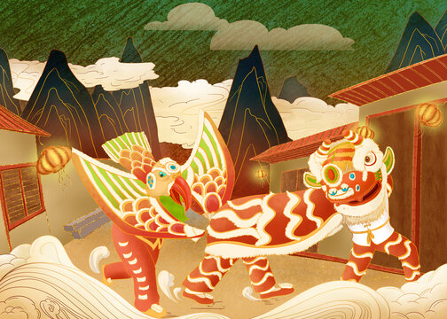 舞狮子插画装饰画