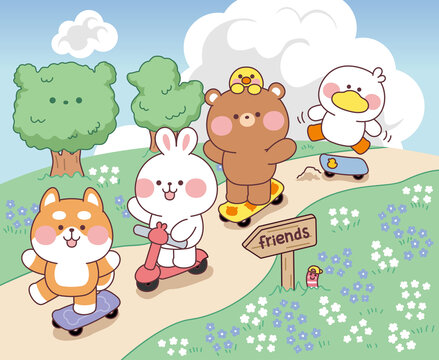 可爱卡通插画兔子小熊鸭子滑板车